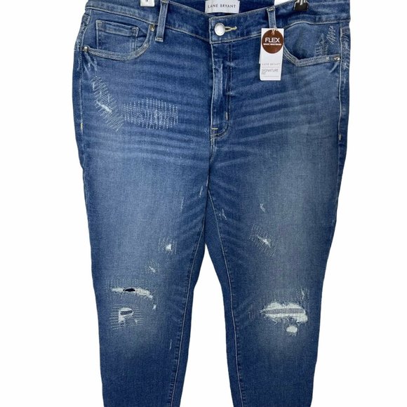 LANE BRYANT FLEX SIZE 26W SKINNY MID RISE MEDIUM WASH DESTRUCTED WOMEN JEANS NWT - Picture 2 of 12